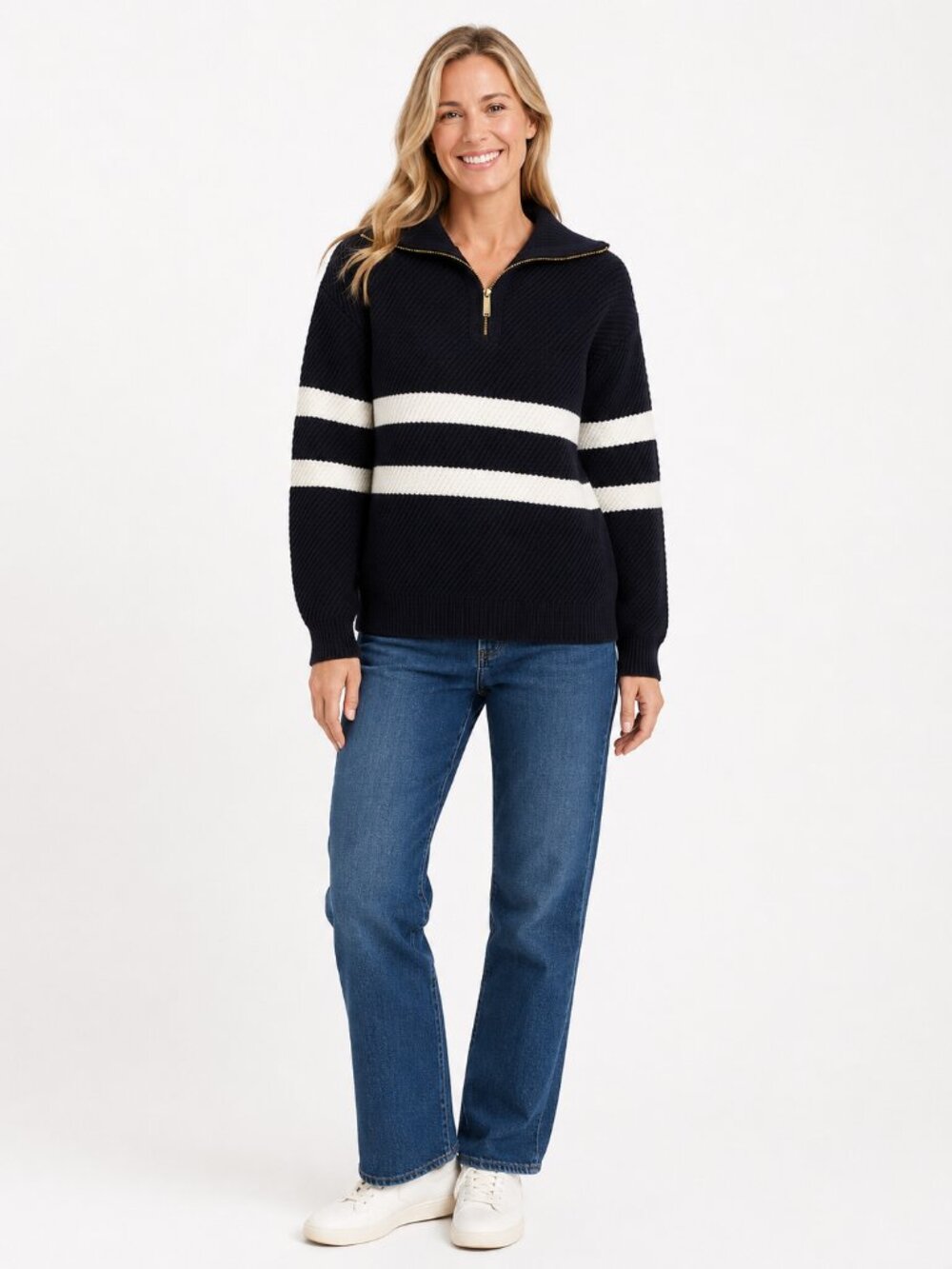 NWT Elie Tahari Stripe Quarter-ZIp Sweater College Navy Ivory #A3431- 33